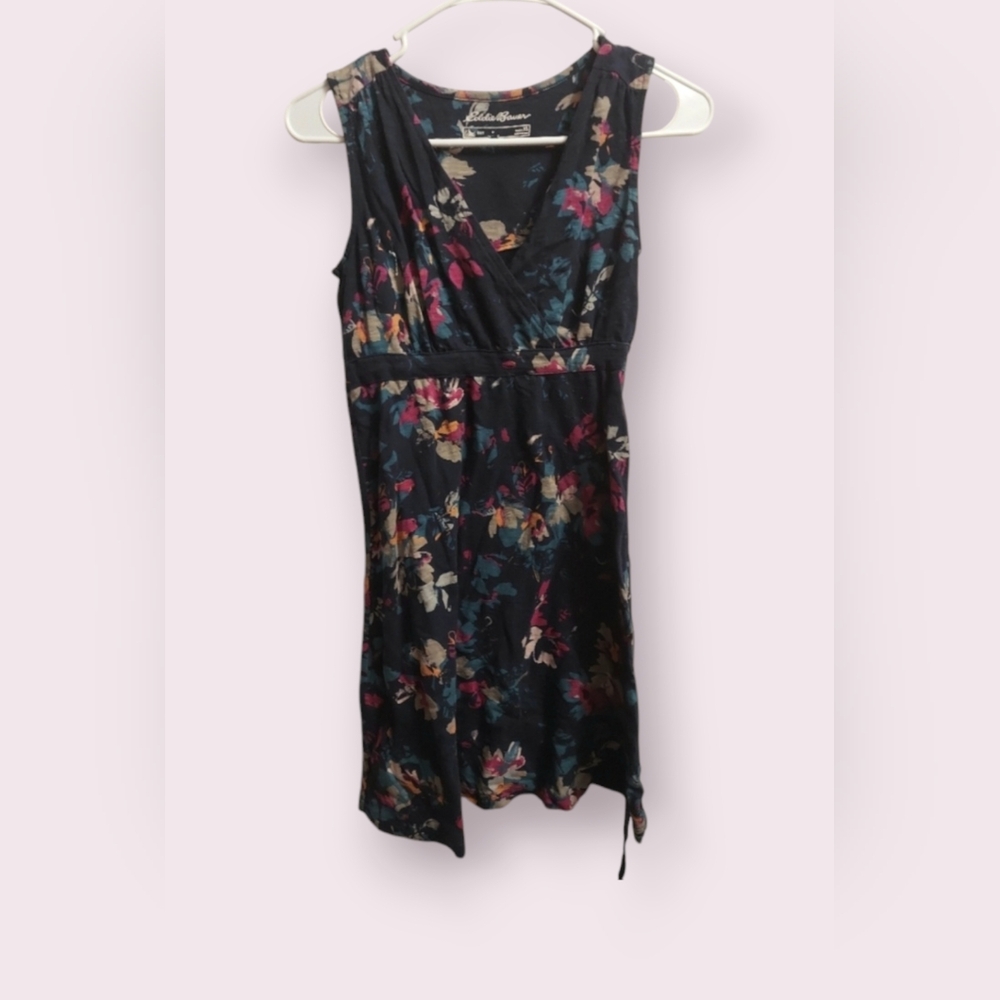 Women's Floral Dress Eddue Bauer Size XS Flowers Midi Dark Blue Pink Sof…
